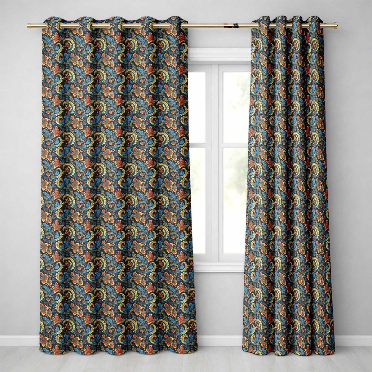 Ornate Paisley Floral Pattern with Navy Background Seamless Readymade Eyelet Ring Top Thermal 100% Blackout Curtains