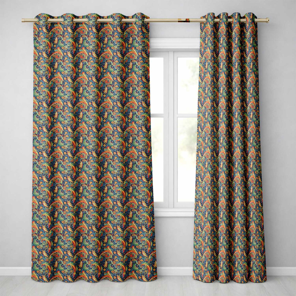 Vibrant Paisley Floral Swirl Pattern Rich Ornamental Textile Design Readymade Eyelet Ring Top Thermal 100% Blackout Curtains