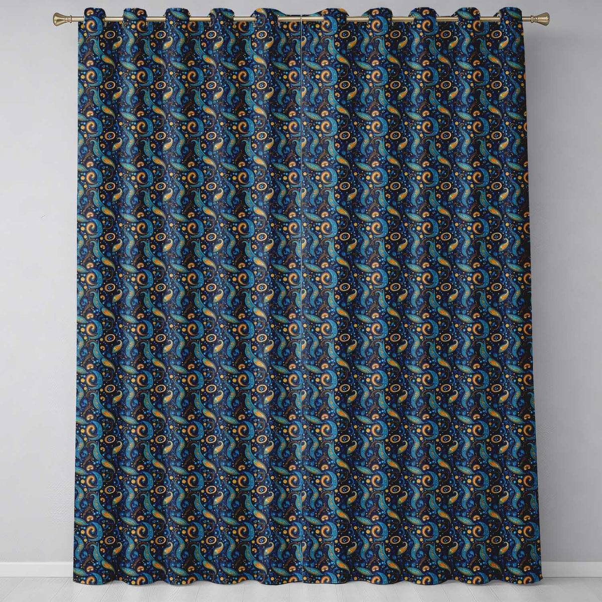Blue Gold Paisley Ornate Floral Pattern Elegant Vintage Textile Design Readymade Eyelet Ring Top Thermal 100% Blackout Curtains