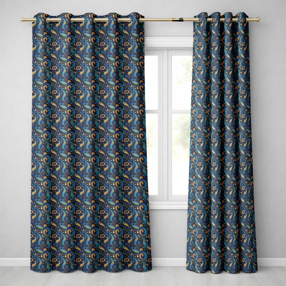 Blue Gold Paisley Ornate Floral Pattern Elegant Vintage Textile Design Readymade Eyelet Ring Top Thermal 100% Blackout Curtains