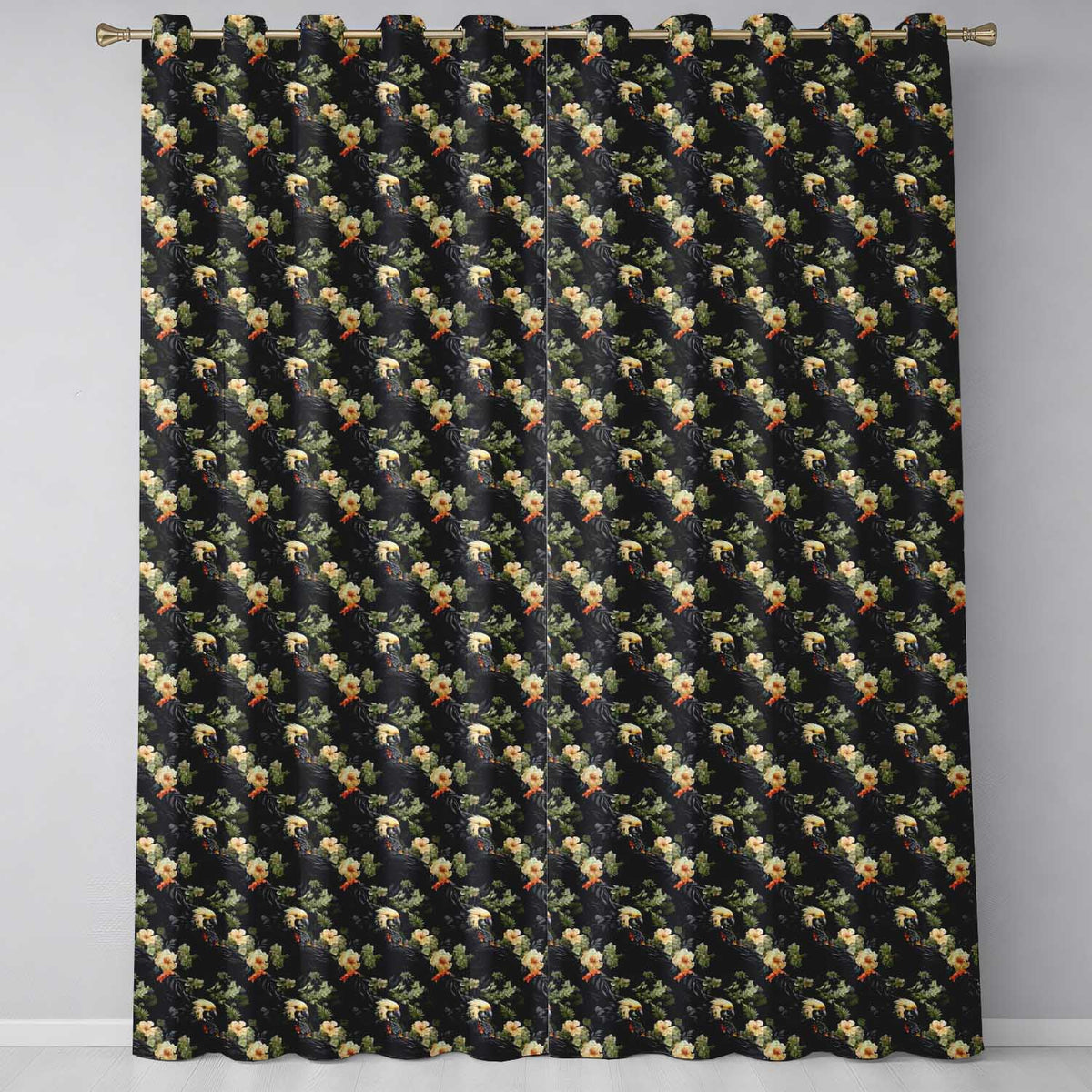 Elegant Cockatoo Parrot Floral Jungle Seamless Pattern Dark Botanical Textile Readymade Eyelet Ring Top Thermal 100% Blackout Curtains