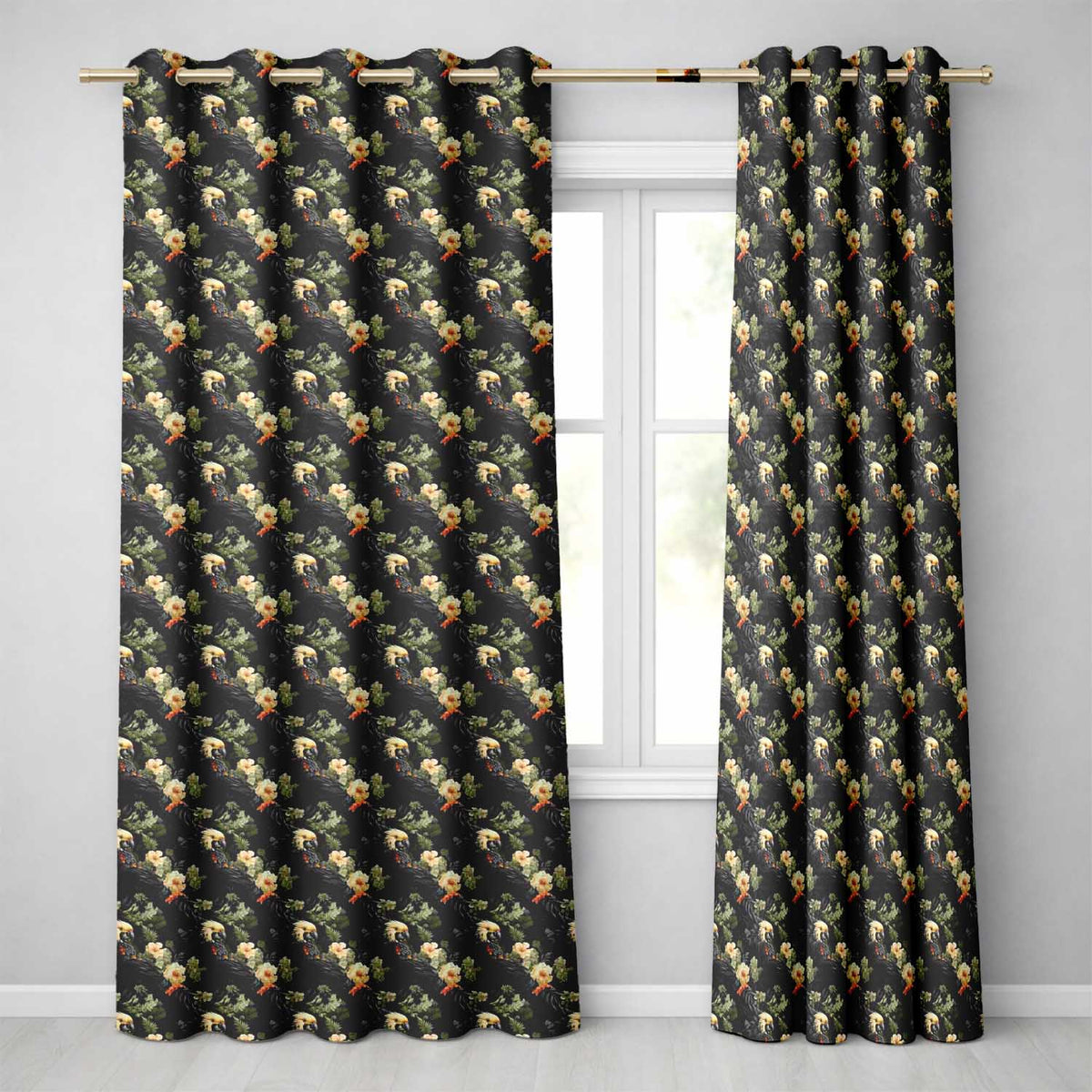 Elegant Cockatoo Parrot Floral Jungle Seamless Pattern Dark Botanical Textile Readymade Eyelet Ring Top Thermal 100% Blackout Curtains