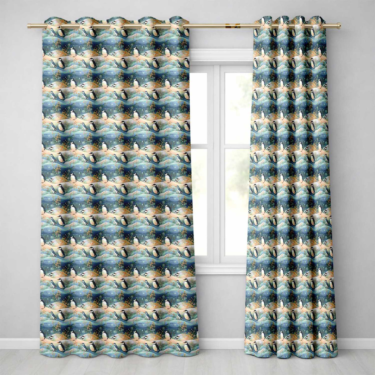 Penguin Birds in Winter Landscape Seamless Pattern Cute Nature Textile Readymade Eyelet Ring Top Thermal 100% Blackout Curtains