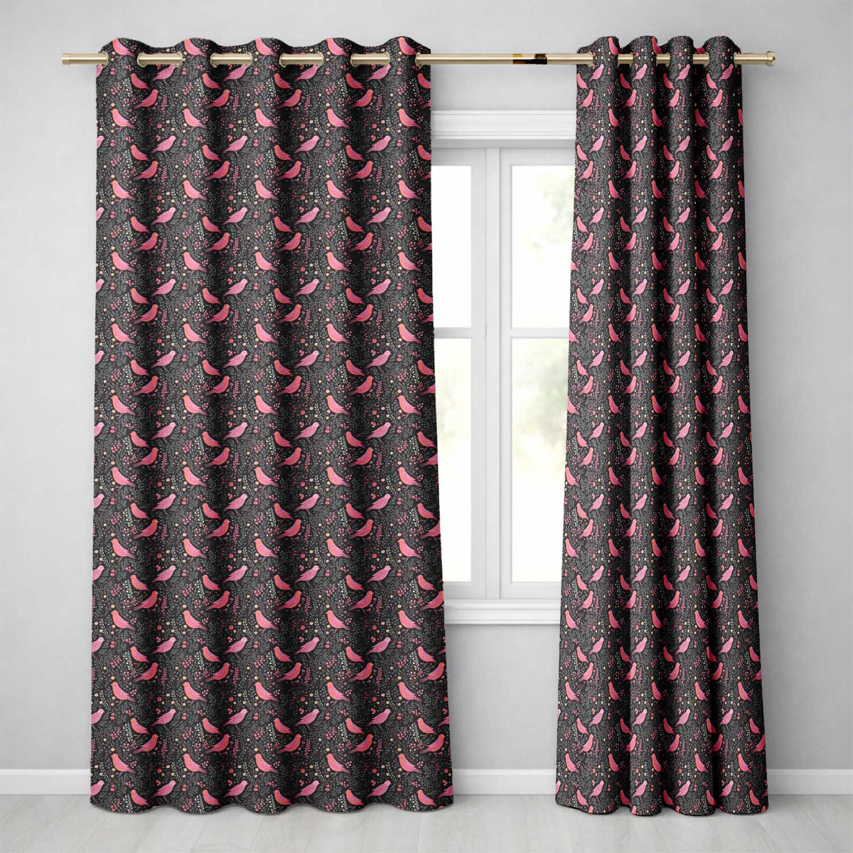 Colorful Birds and Wildflowers Seamless Pattern Dark Meadow Readymade Eyelet Ring Top Thermal 100% Blackout Curtains