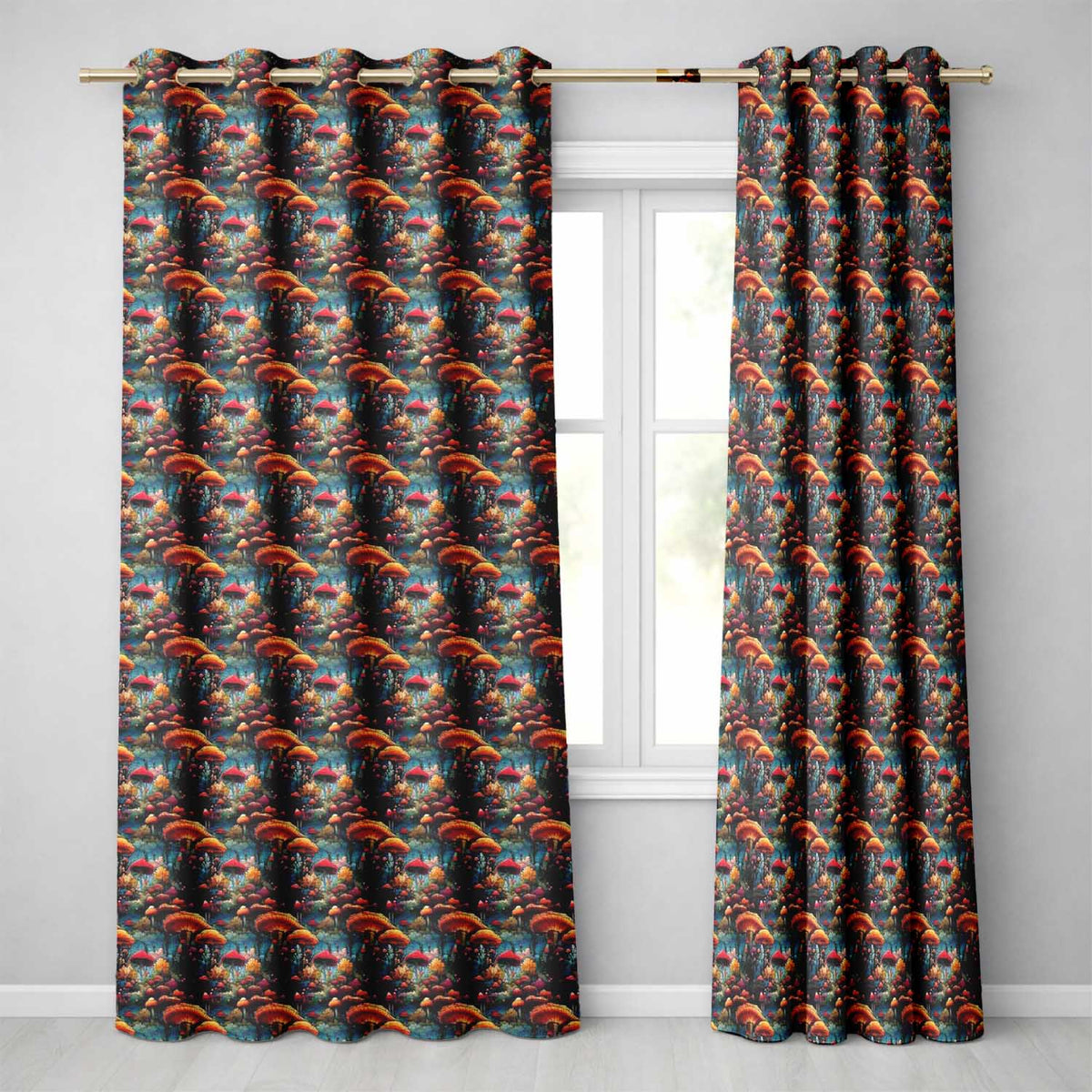 Vibrant Fantasy Mushroom Landscape Seamless Pattern Night Forest Readymade Eyelet Ring Top Thermal 100% Blackout Curtains