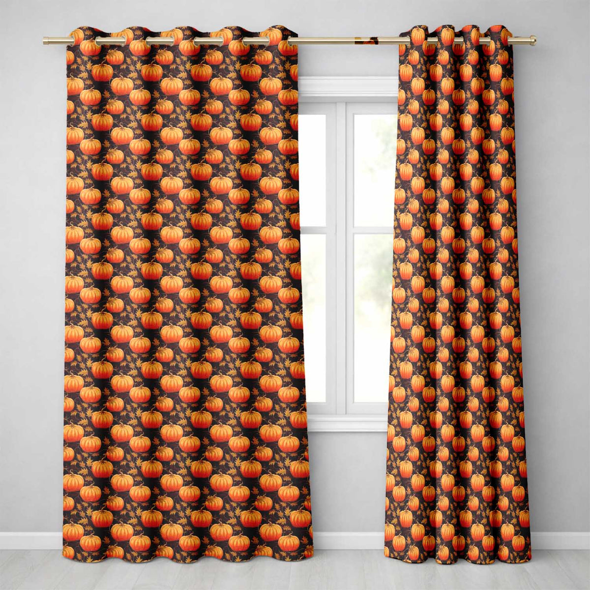 Autumn Pumpkins and Falling Leaves Seamless Pattern Dark Background Readymade Eyelet Ring Top Thermal 100% Blackout Curtains