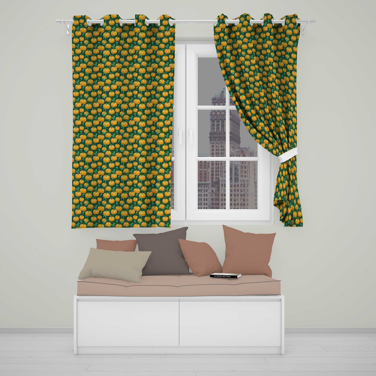 Golden Pumpkin Harvest with Swirling Vines Seamless Green Background Readymade Eyelet Ring Top Thermal 100% Blackout Curtains
