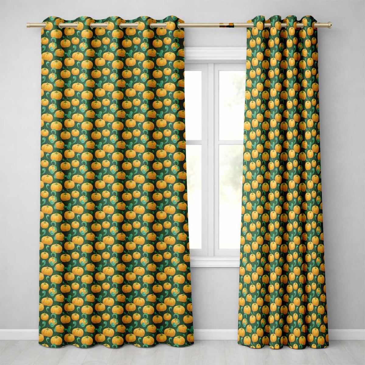Golden Pumpkin Harvest with Swirling Vines Seamless Green Background Readymade Eyelet Ring Top Thermal 100% Blackout Curtains