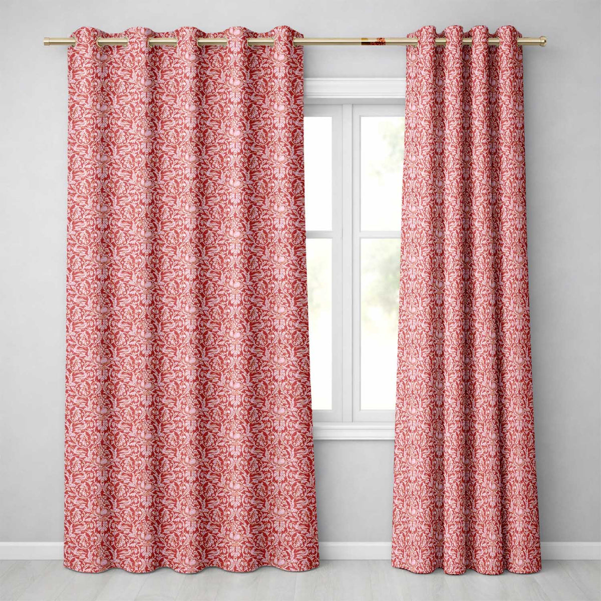 Vintage Red Toile Floral Birds and Fruit Seamless Pattern Classic Textile Readymade Eyelet Ring Top Thermal 100% Blackout Curtains