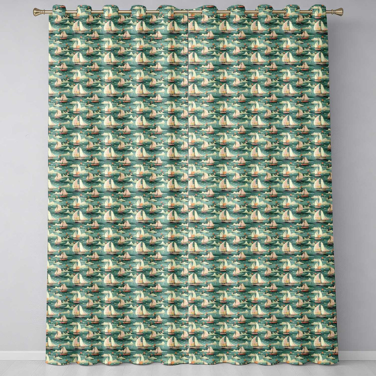 Charming Sailboats Floral Sea Seamless Pattern Whimsical Coastal Design Readymade Eyelet Ring Top Thermal 100% Blackout Curtains