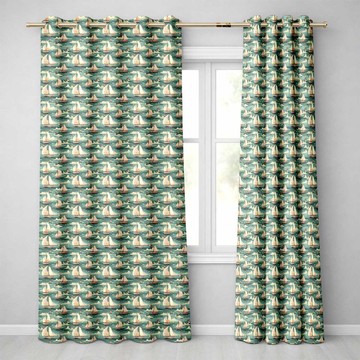 Charming Sailboats Floral Sea Seamless Pattern Whimsical Coastal Design Readymade Eyelet Ring Top Thermal 100% Blackout Curtains