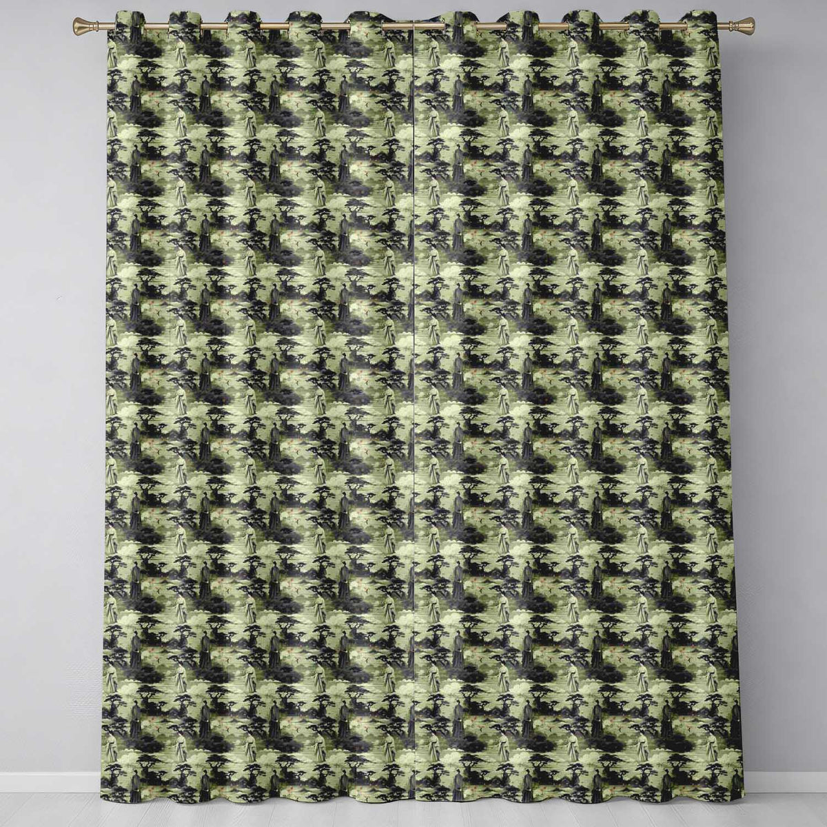 Traditional Asian Landscape Figures Seamless Pattern Elegant Nature Scene Readymade Eyelet Ring Top Thermal 100% Blackout Curtains