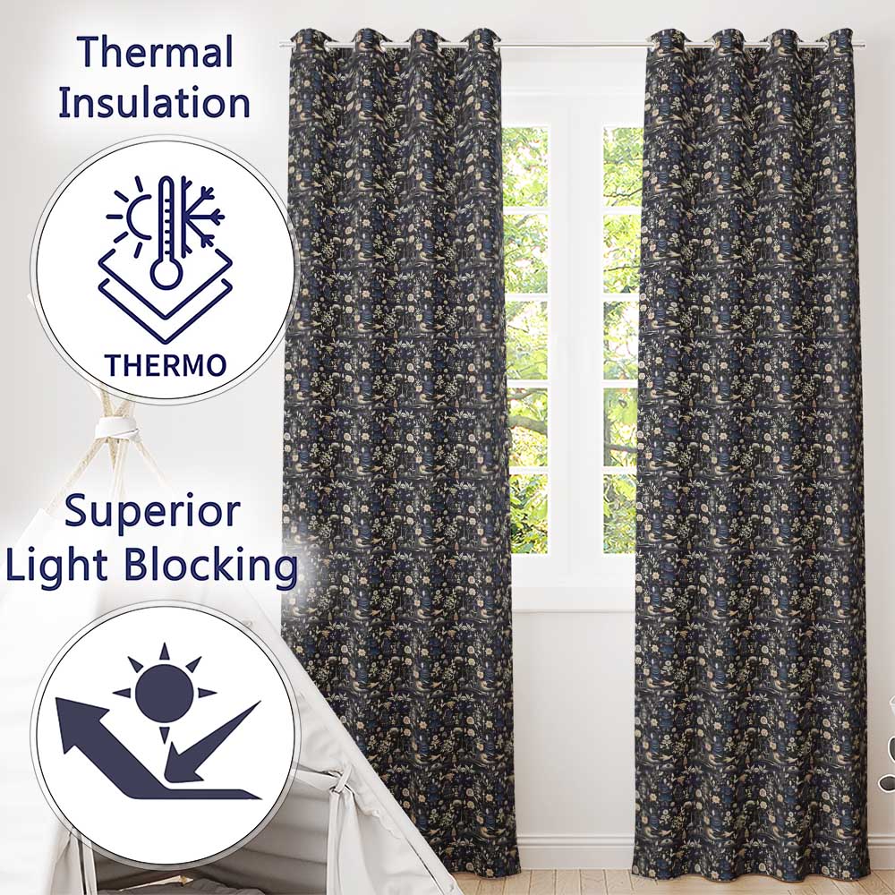 Elegant Midnight Floral Doll Garden Seamless Pattern Dark Blue Botanical Readymade Eyelet Ring Top Thermal 100% Blackout Curtains