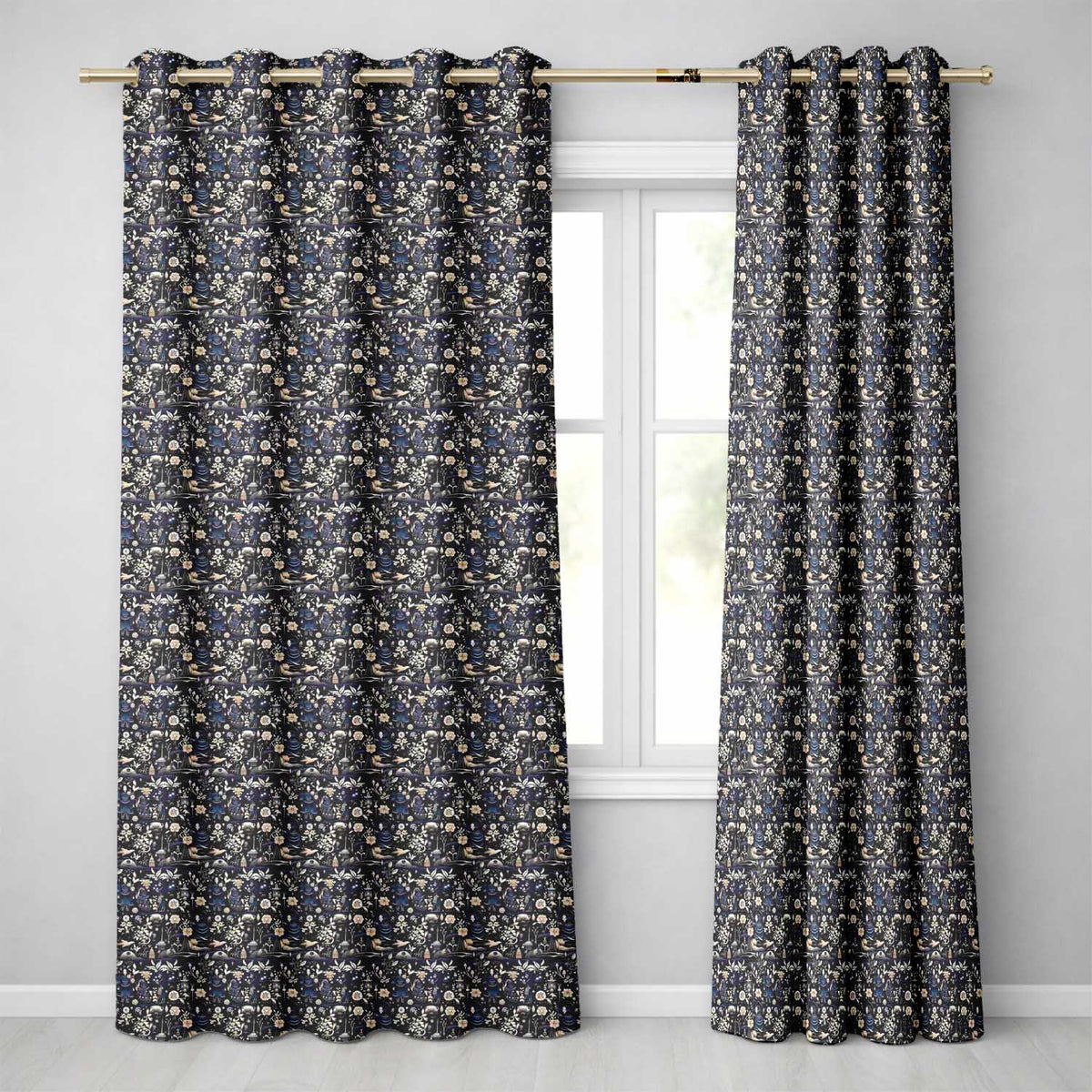 Elegant Midnight Floral Doll Garden Seamless Pattern Dark Blue Botanical Readymade Eyelet Ring Top Thermal 100% Blackout Curtains