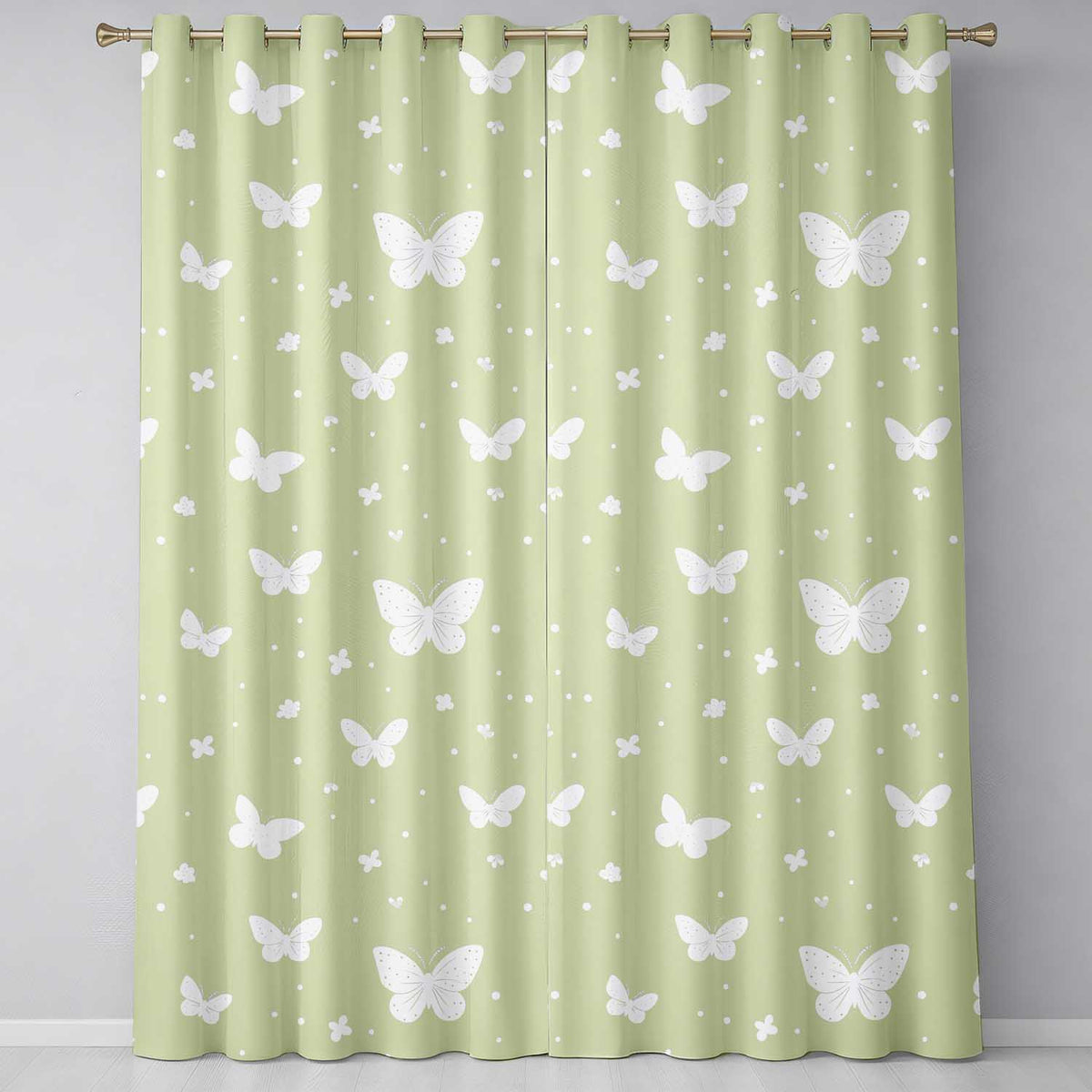 Minimal Butterfly Silhouette Soft Green Background Seamless Pattern Readymade Eyelet Ring Top Thermal 100% Blackout Curtains