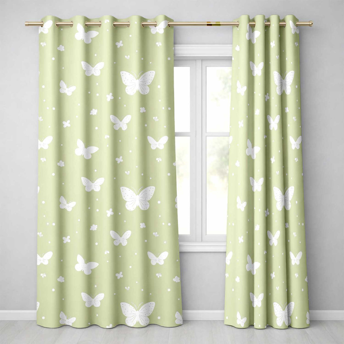 Minimal Butterfly Silhouette Soft Green Background Seamless Pattern Readymade Eyelet Ring Top Thermal 100% Blackout Curtains