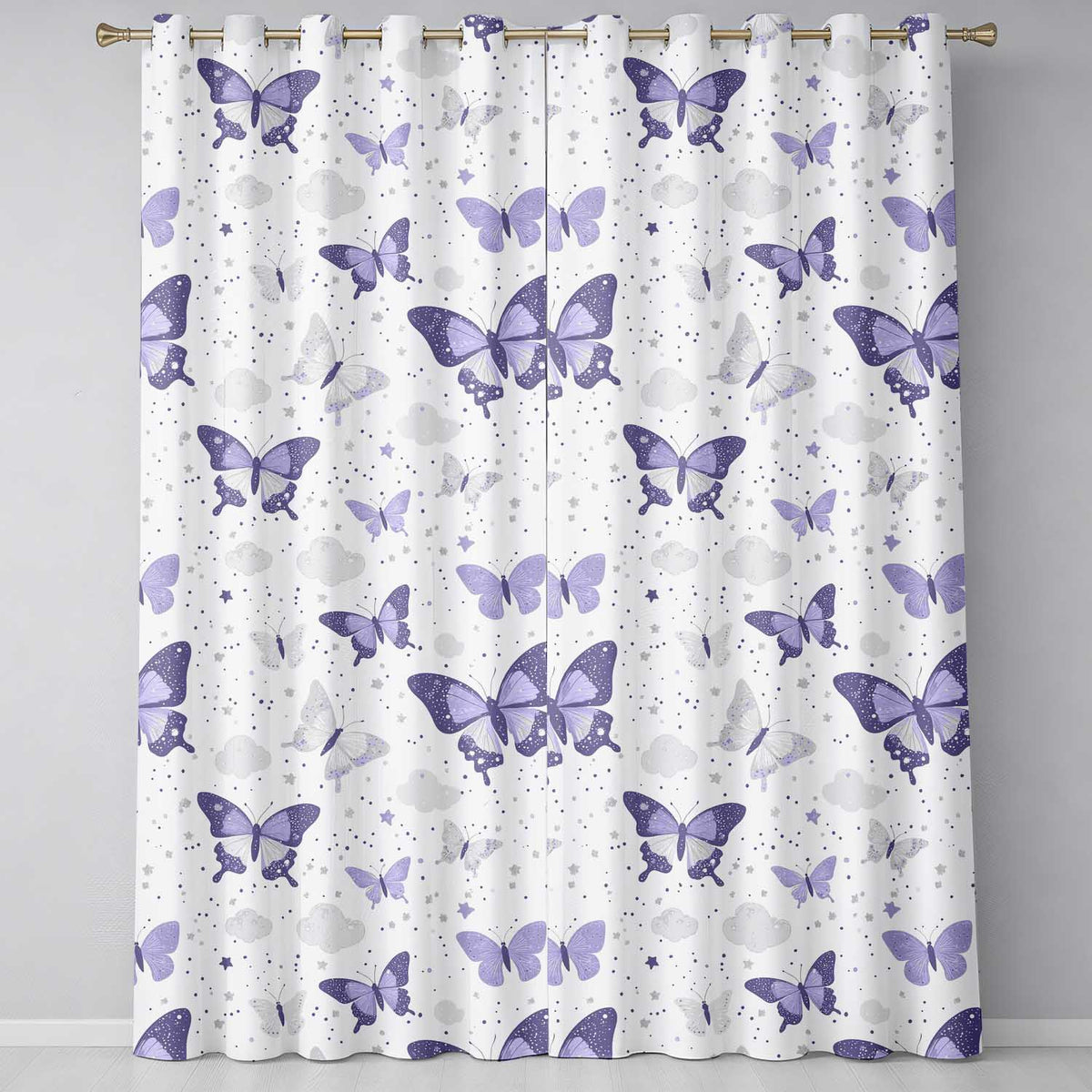 Purple Butterfly Clouds Stars Dreamy Seamless Pattern Soft Sky Readymade Eyelet Ring Top Thermal 100% Blackout Curtains