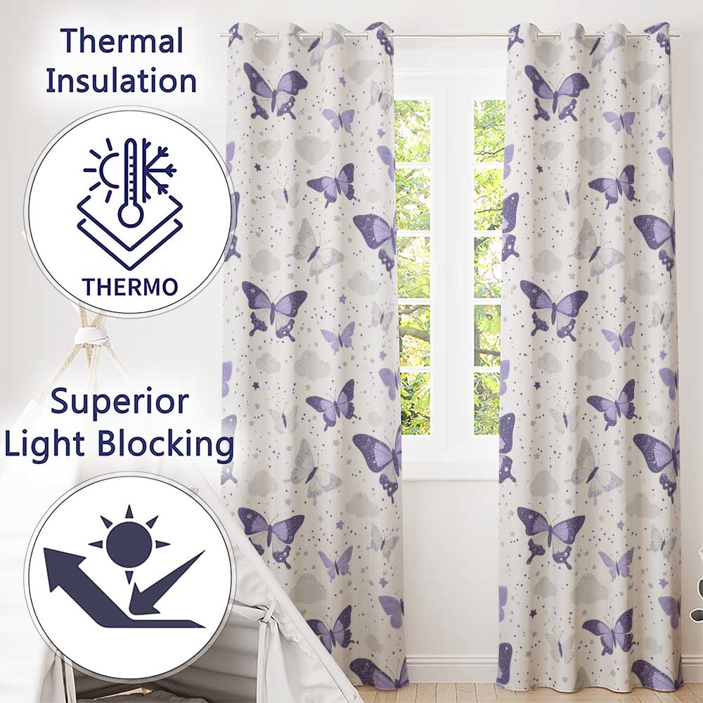 Purple Butterfly Clouds Stars Dreamy Seamless Pattern Soft Sky Readymade Eyelet Ring Top Thermal 100% Blackout Curtains