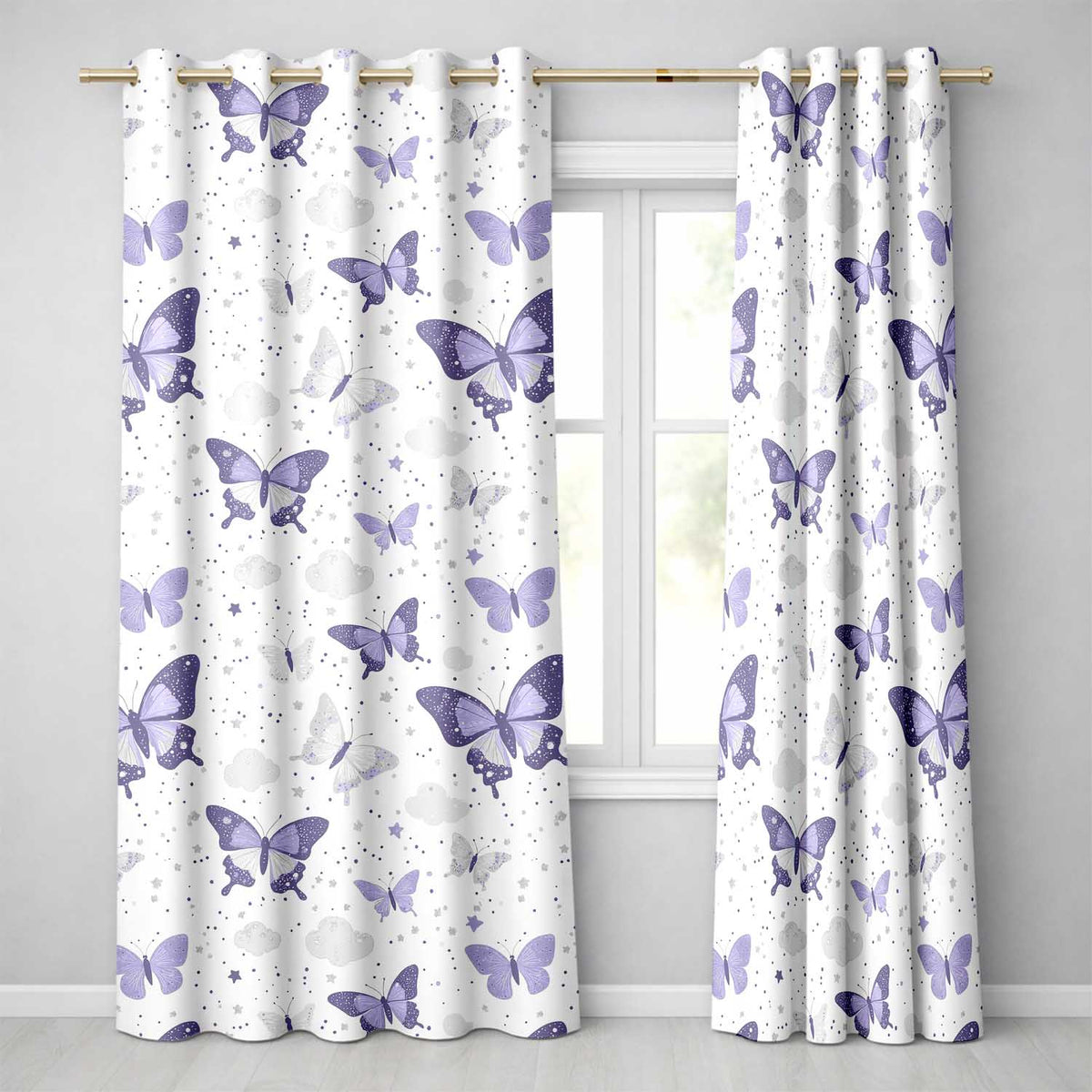 Purple Butterfly Clouds Stars Dreamy Seamless Pattern Soft Sky Readymade Eyelet Ring Top Thermal 100% Blackout Curtains