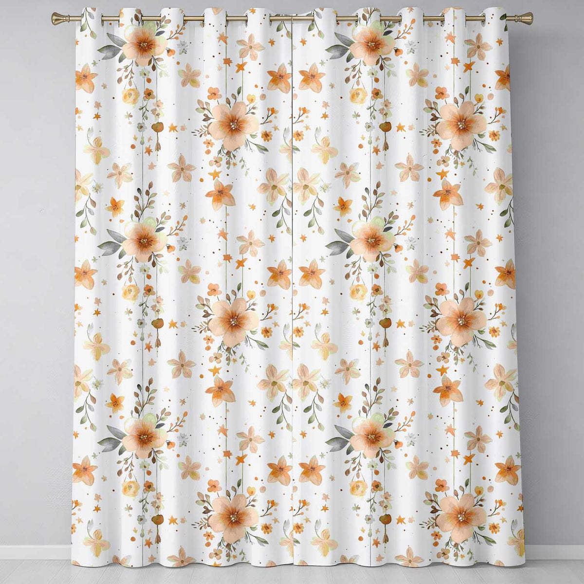 Watercolor Floral Stars Hanging Blooms Seamless Pattern Soft Beige Readymade Eyelet Ring Top Thermal 100% Blackout Curtains