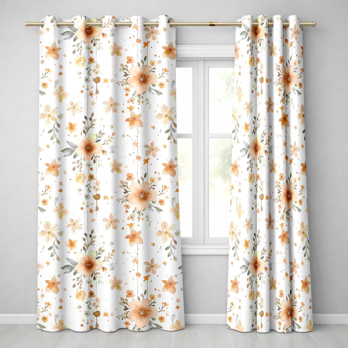Watercolor Floral Stars Hanging Blooms Seamless Pattern Soft Beige Readymade Eyelet Ring Top Thermal 100% Blackout Curtains