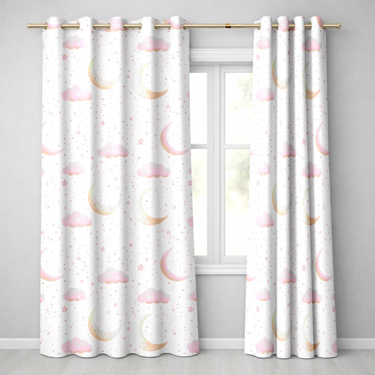 Pink Moon Clouds Stars Dreamy Night Sky Seamless Pattern Soft Pastel Readymade Eyelet Ring Top Thermal 100% Blackout Curtains