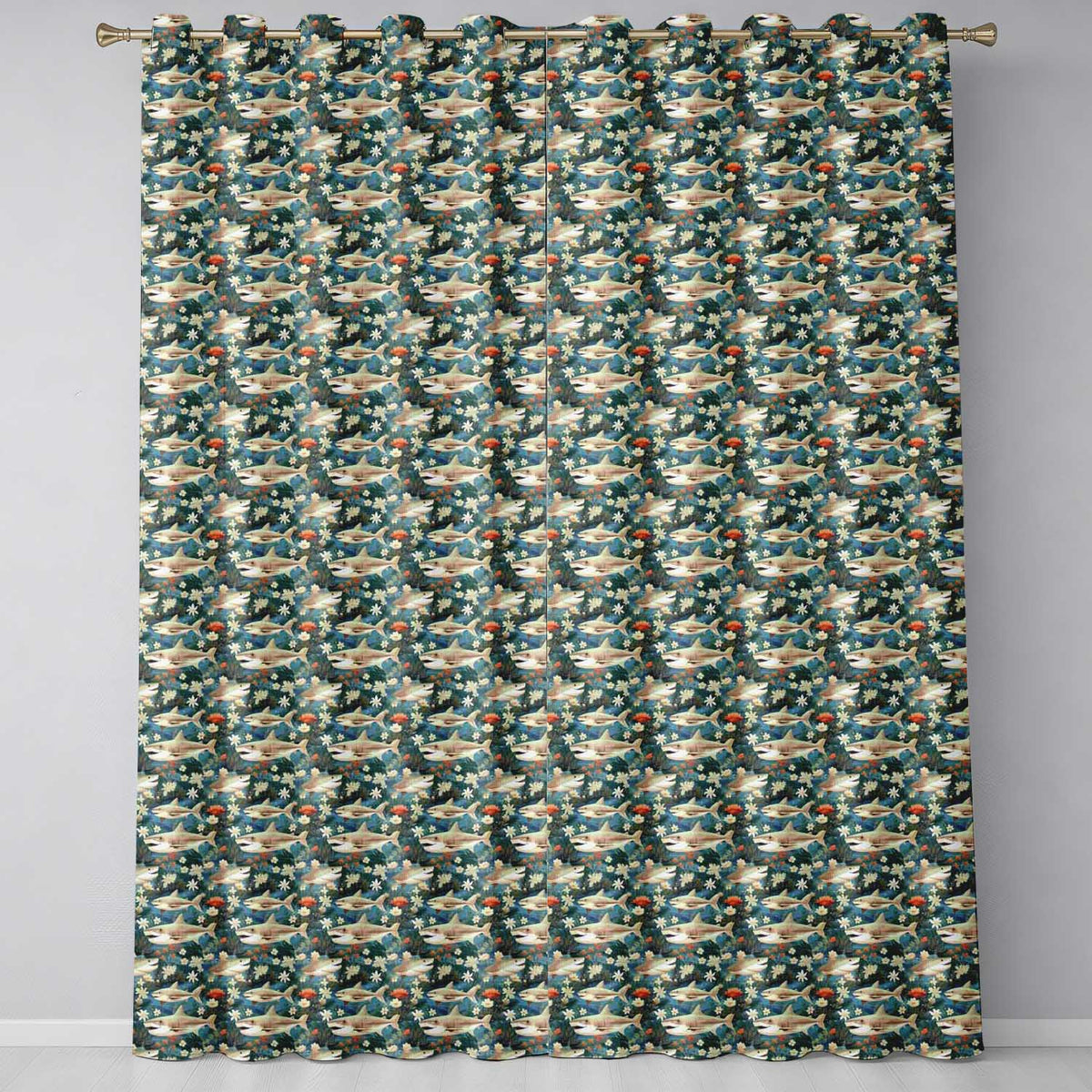 Vintage Shark Floral Ocean Garden Seamless Pattern Teal Background Readymade Eyelet Ring Top Thermal 100% Blackout Curtains