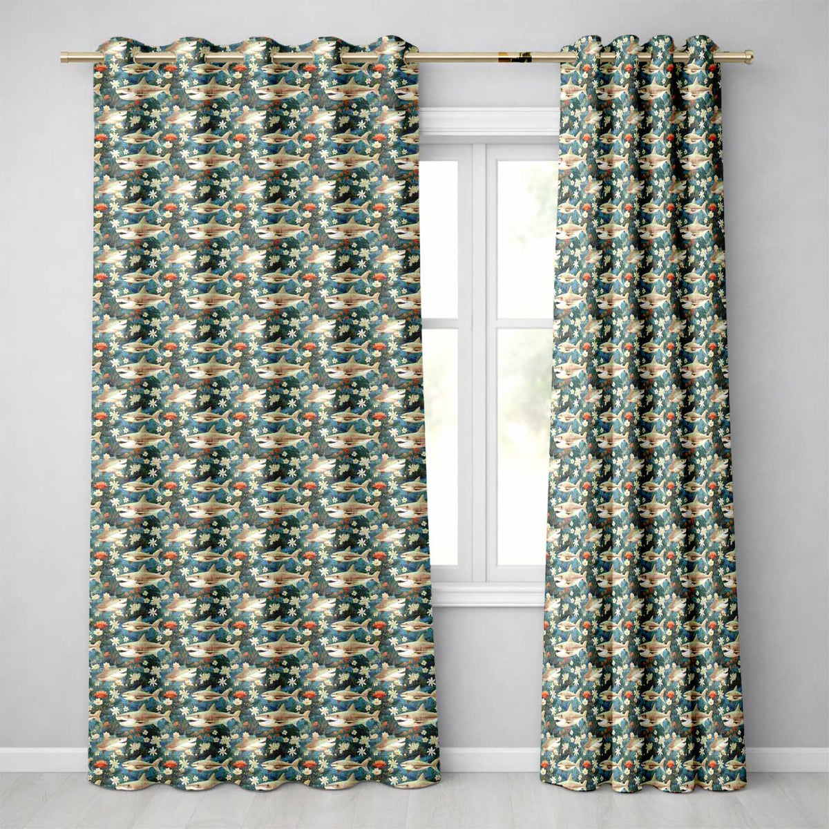 Vintage Shark Floral Ocean Garden Seamless Pattern Teal Background Readymade Eyelet Ring Top Thermal 100% Blackout Curtains
