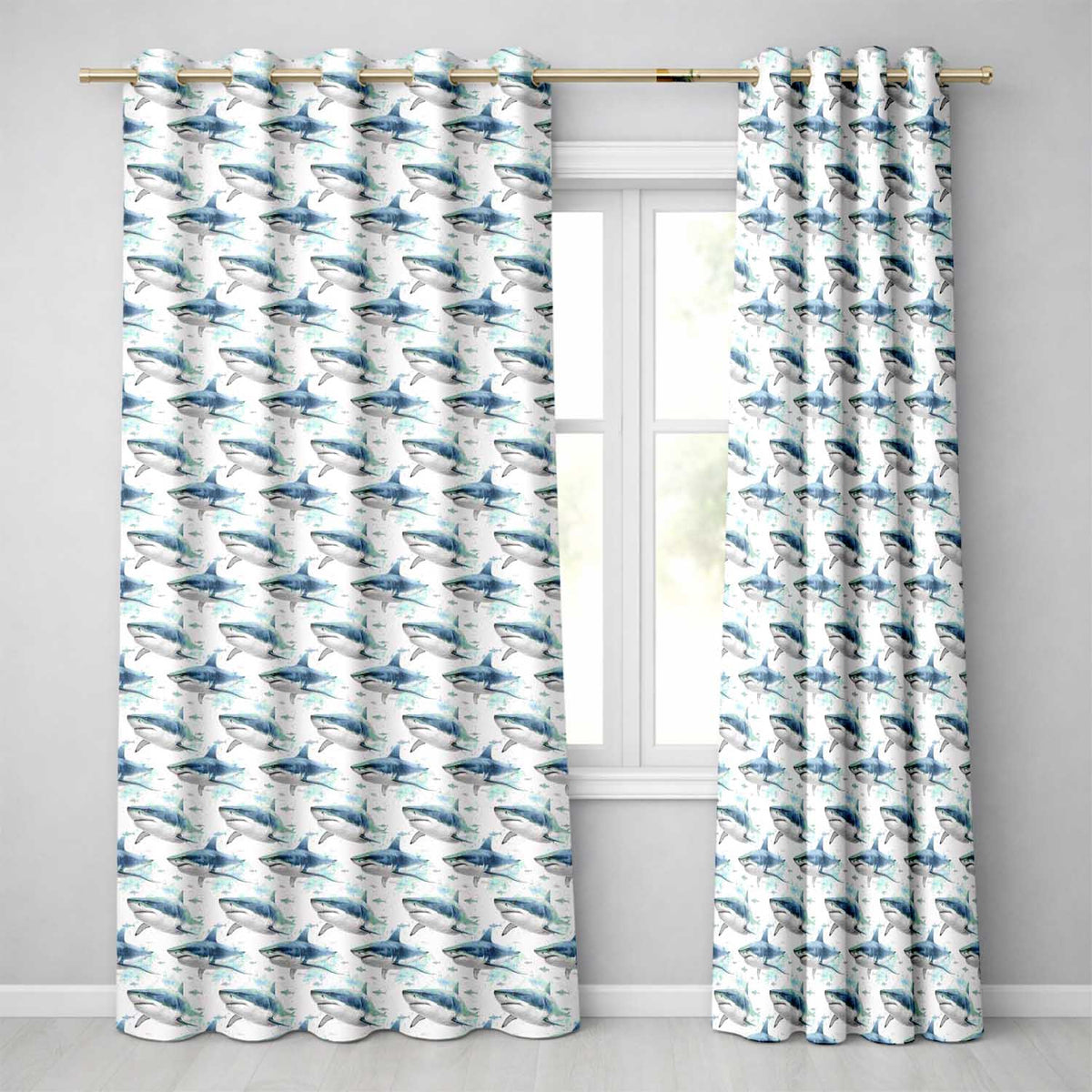 Blue Shark Underwater Ocean Seamless Pattern Light Sea Background Readymade Eyelet Ring Top Thermal 100% Blackout Curtains