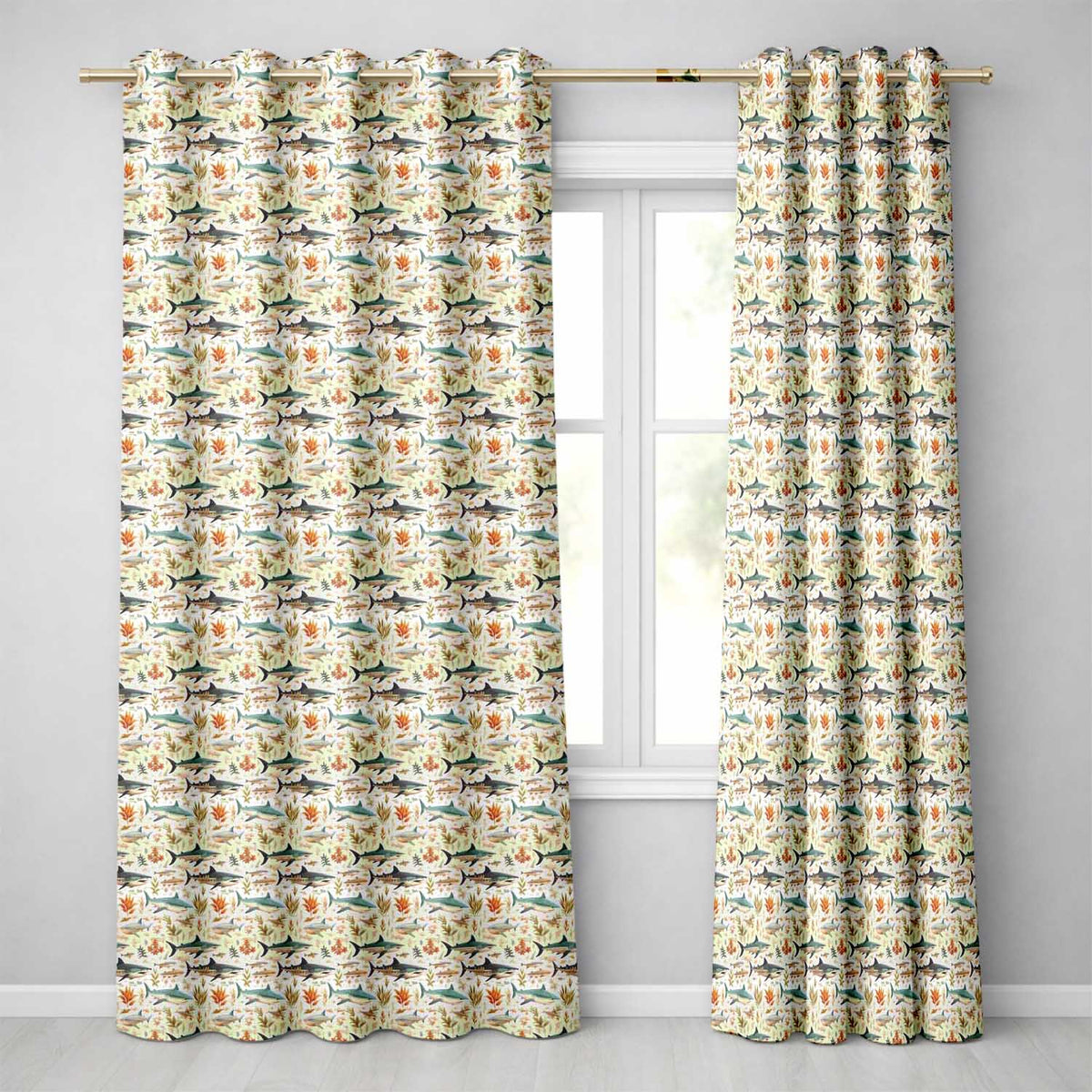 Ocean Sharks Coral Reef Seamless Pattern Soft Beige Background Marine Life Readymade Eyelet Ring Top Thermal 100% Blackout Curtains