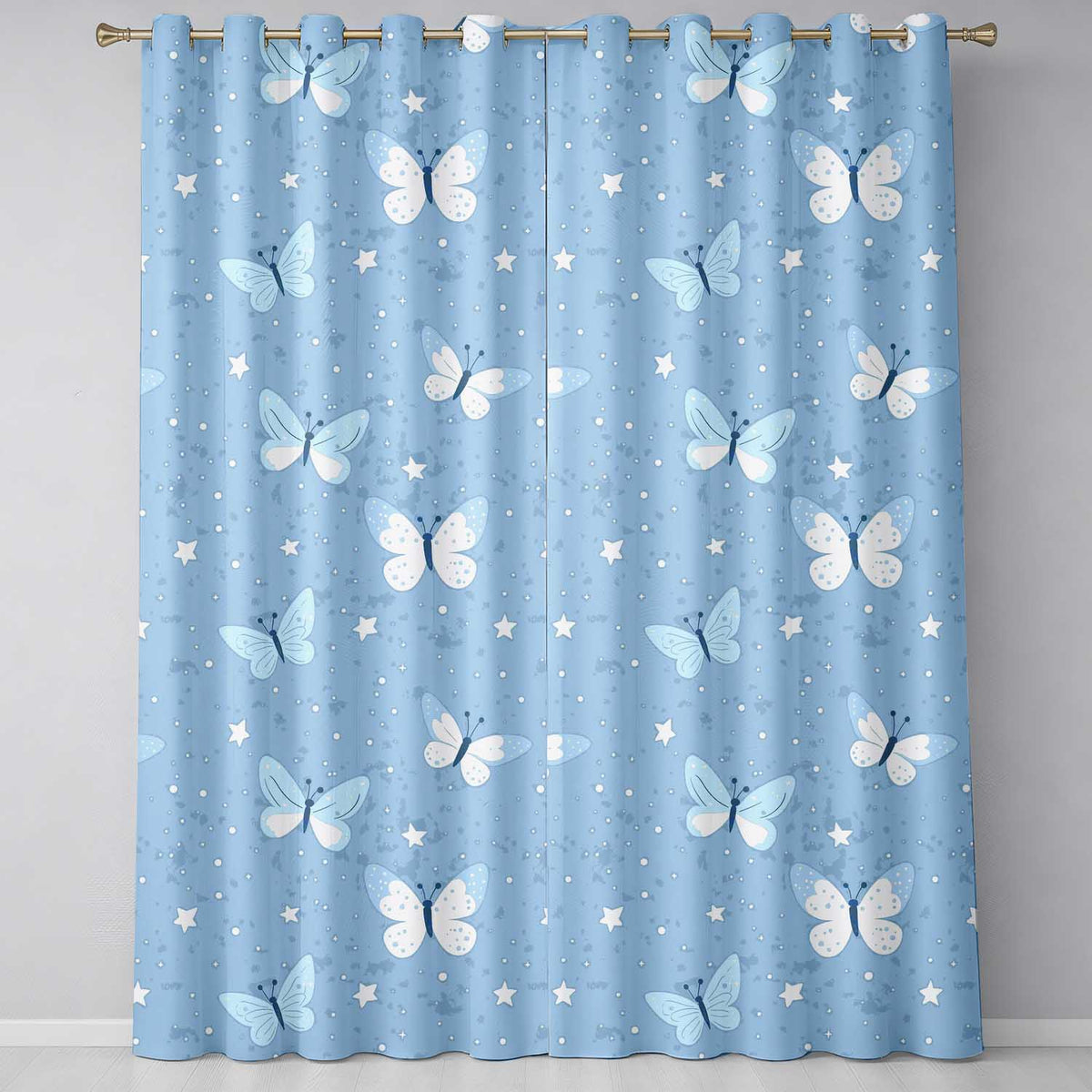 Blue Butterflies Stars Dreamy Sky Seamless Pattern Soft Pastel Background Readymade Eyelet Ring Top Thermal 100% Blackout Curtains