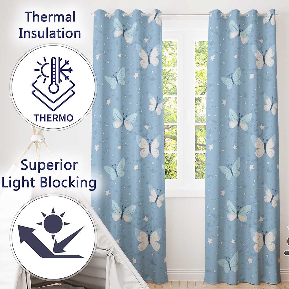 Blue Butterflies Stars Dreamy Sky Seamless Pattern Soft Pastel Background Readymade Eyelet Ring Top Thermal 100% Blackout Curtains
