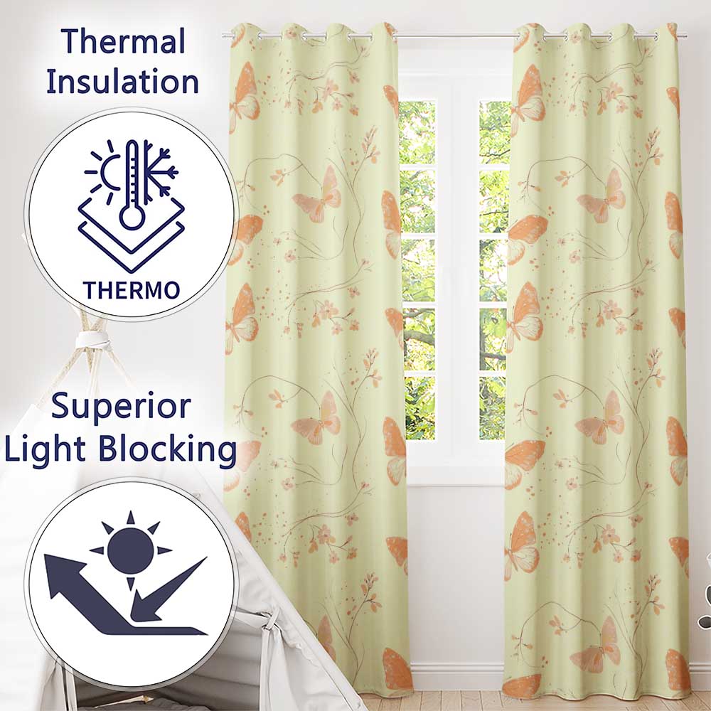 Peach Butterflies Floral Branches Seamless Pattern Soft Beige Background Readymade Eyelet Ring Top Thermal 100% Blackout Curtains