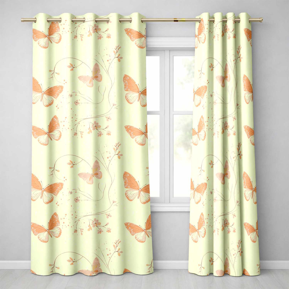 Peach Butterflies Floral Branches Seamless Pattern Soft Beige Background Readymade Eyelet Ring Top Thermal 100% Blackout Curtains