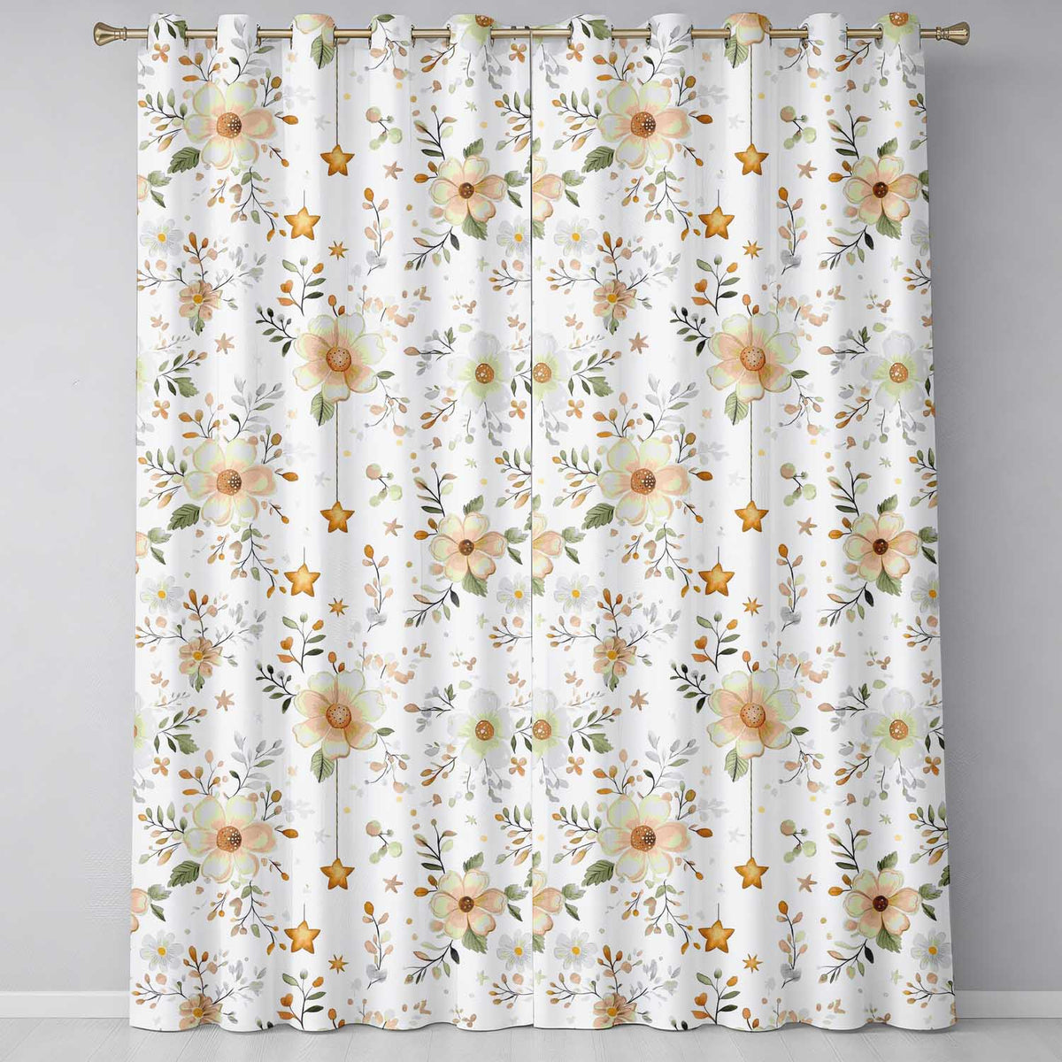 Soft Beige Floral Stars Botanical Seamless Pattern Elegant Neutral Background Readymade Eyelet Ring Top Thermal 100% Blackout Curtains