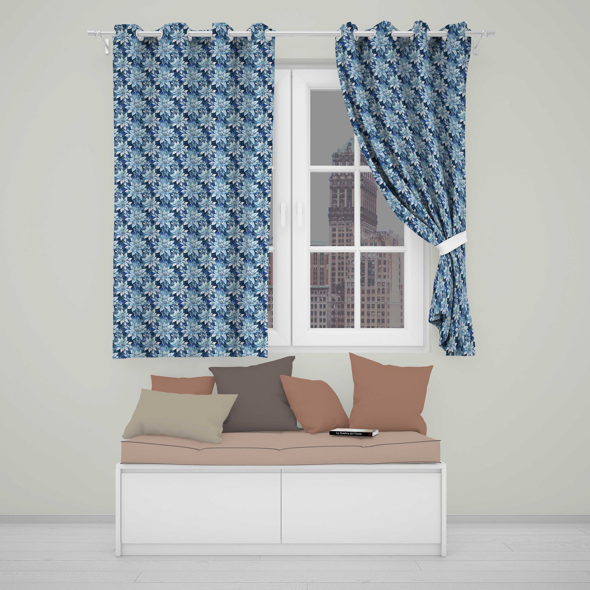 Blue Poinsettia Floral Winter Seamless Pattern Elegant Christmas Background Readymade Eyelet Ring Top Thermal 100% Blackout Curtains