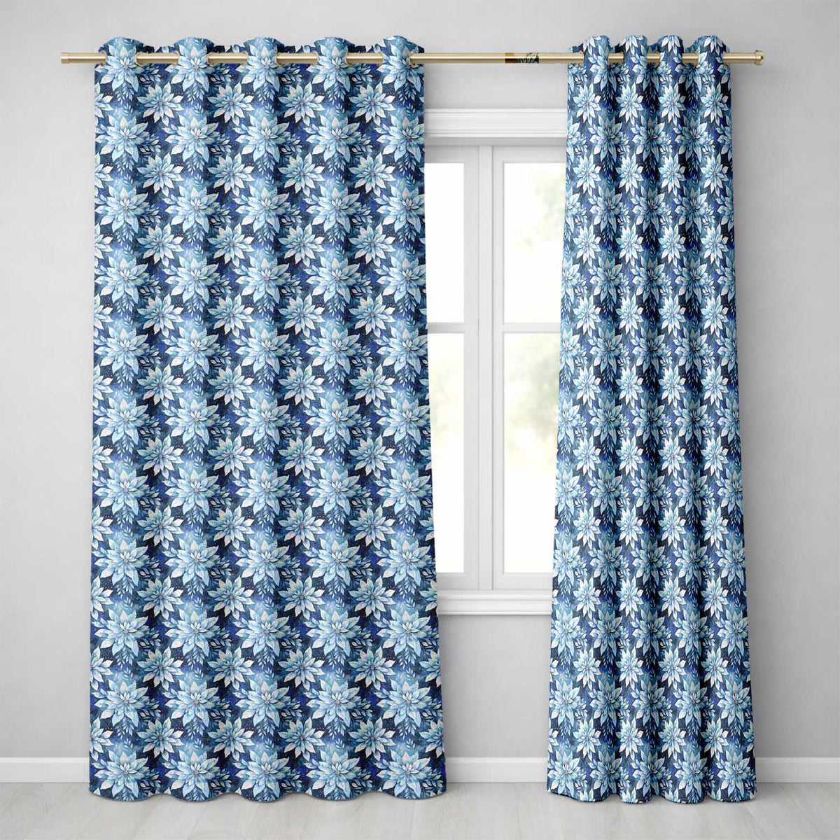 Blue Poinsettia Floral Winter Seamless Pattern Elegant Christmas Background Readymade Eyelet Ring Top Thermal 100% Blackout Curtains