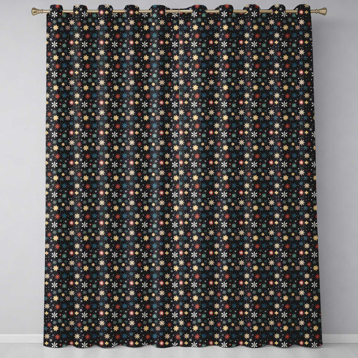 Colorful Starburst Snowflake Dark Seamless Pattern Festive Night Background Readymade Eyelet Ring Top Thermal 100% Blackout Curtains