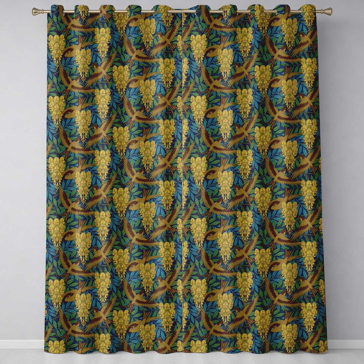 Golden Birds and Wisteria Floral Seamless Pattern Art Nouveau Nature Design Readymade Eyelet Ring Top Thermal 100% Blackout Curtains
