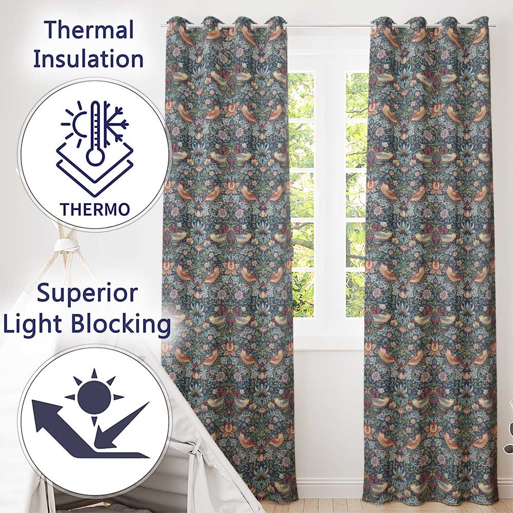 Vintage Floral Birds Strawberry Seamless Pattern Classic Garden Design Readymade Eyelet Ring Top Thermal 100% Blackout Curtains