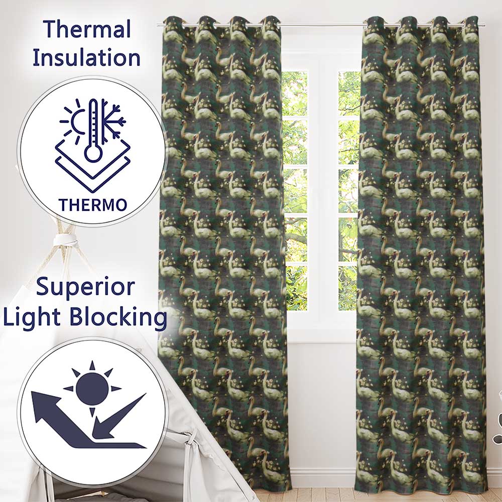 Graceful Swan Lake Floral Seamless Pattern Classic Botanical Water Scene Readymade Eyelet Ring Top Thermal 100% Blackout Curtains