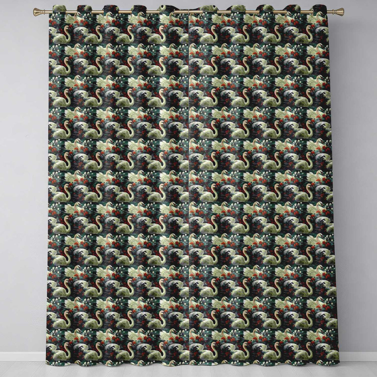 Dark Swan Floral Water Garden Seamless Pattern Vintage Nature Artistic Design Readymade Eyelet Ring Top Thermal 100% Blackout Curtains