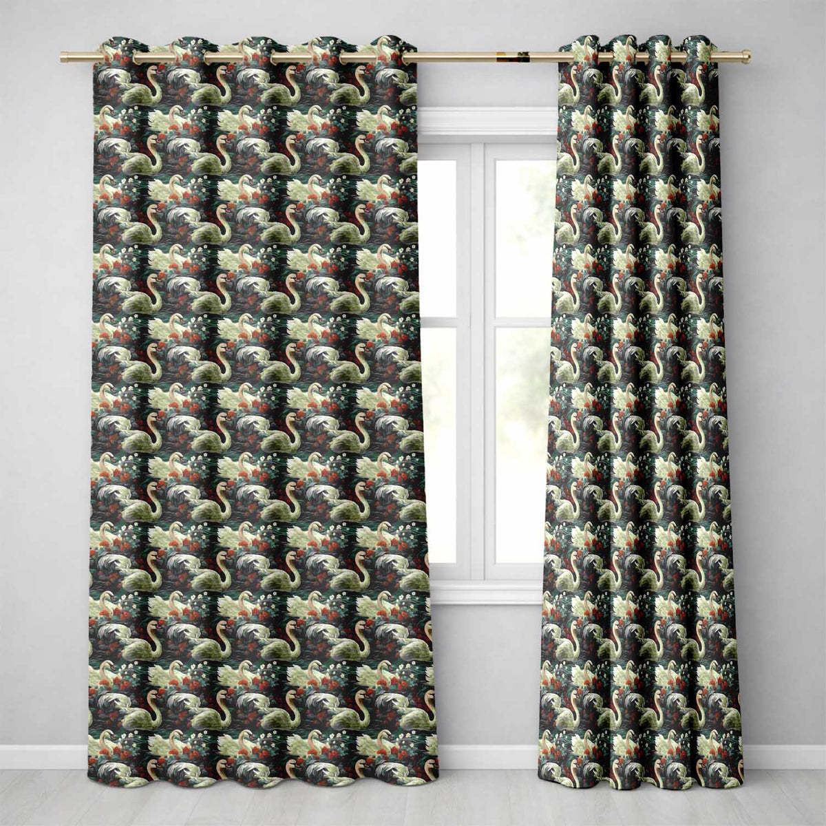Dark Swan Floral Water Garden Seamless Pattern Vintage Nature Artistic Design Readymade Eyelet Ring Top Thermal 100% Blackout Curtains