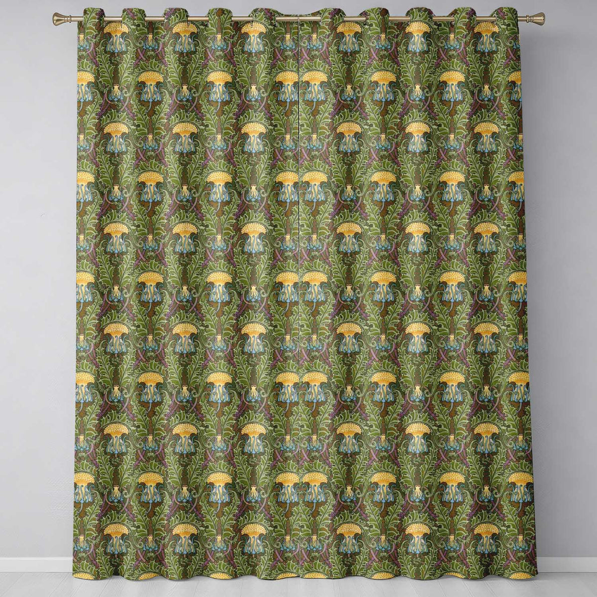 Vintage Art Nouveau Floral Thistle Pattern in Green Seamless Readymade Eyelet Ring Top Thermal 100% Blackout Curtains