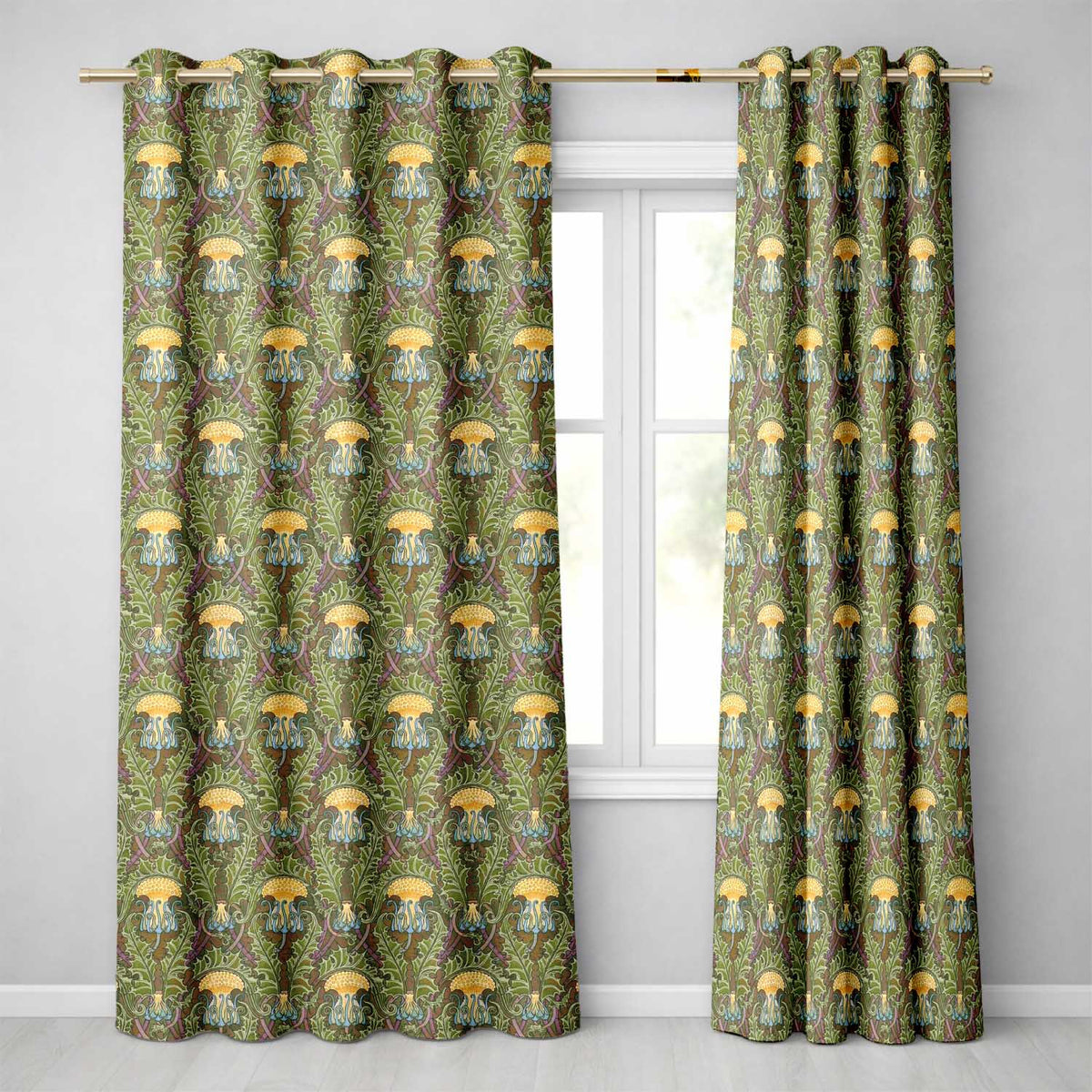 Vintage Art Nouveau Floral Thistle Pattern in Green Seamless Readymade Eyelet Ring Top Thermal 100% Blackout Curtains
