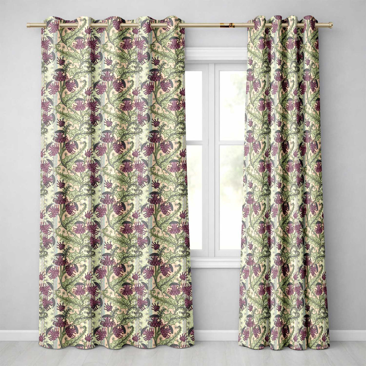 Classic William Morris Style Floral Thistle Pattern Seamless Readymade Eyelet Ring Top Thermal 100% Blackout Curtains