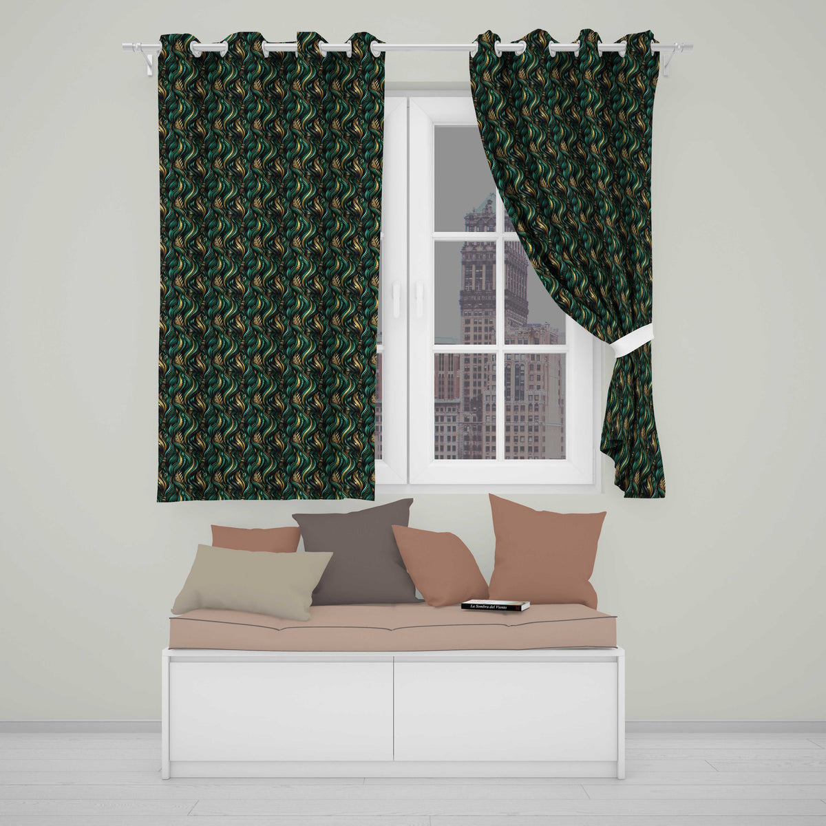 Luxury Art Deco Gold Teal Abstract Wave Pattern Seamless Readymade Eyelet Ring Top Thermal 100% Blackout Curtains