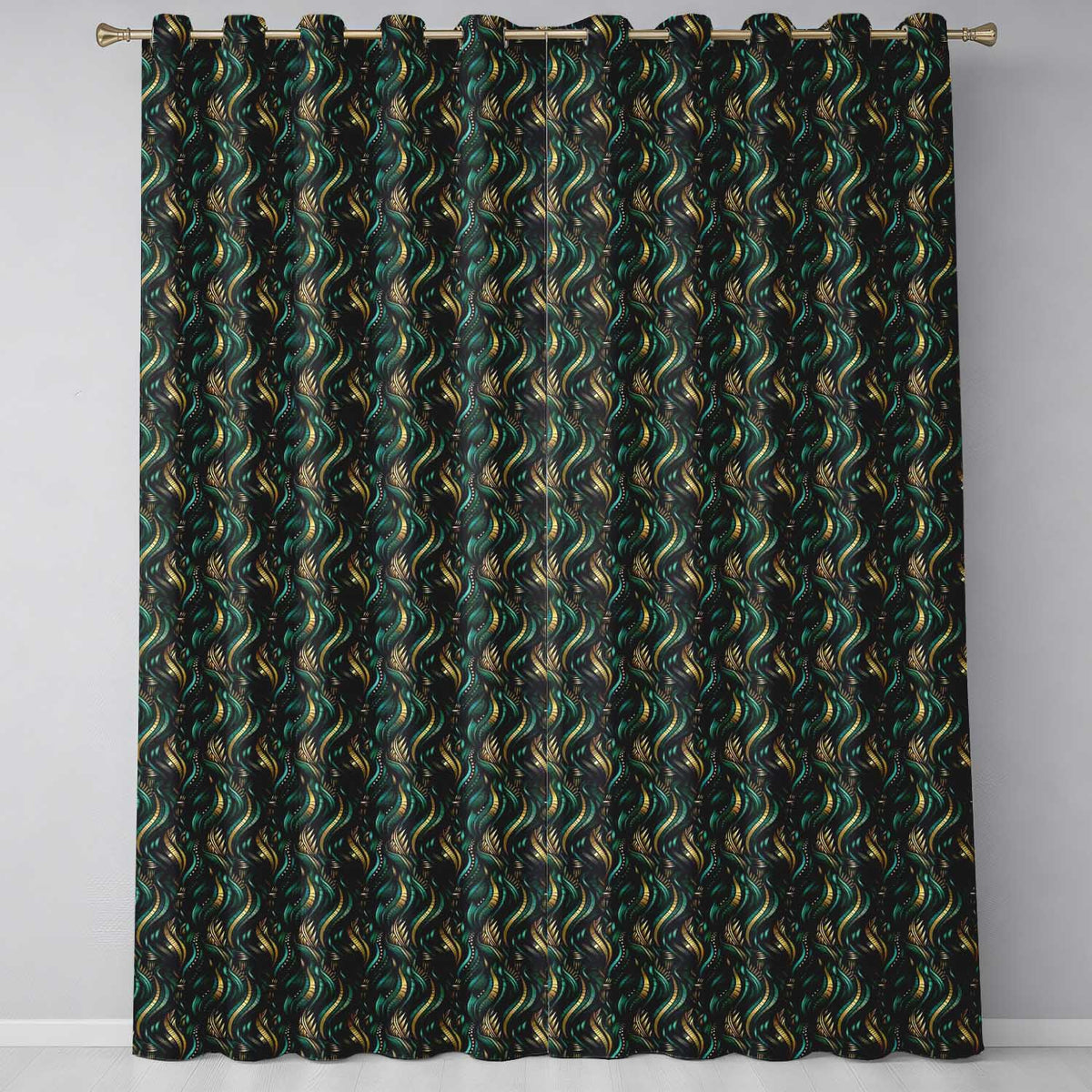 Luxury Art Deco Gold Teal Abstract Wave Pattern Seamless Readymade Eyelet Ring Top Thermal 100% Blackout Curtains