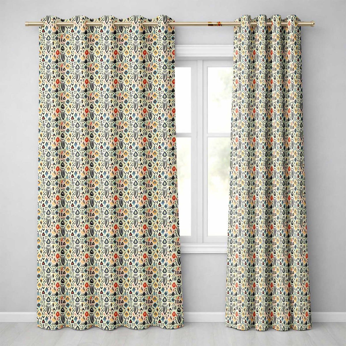 Modern Abstract Tribal Shapes Pattern on Cream Seamless Readymade Eyelet Ring Top Thermal 100% Blackout Curtains