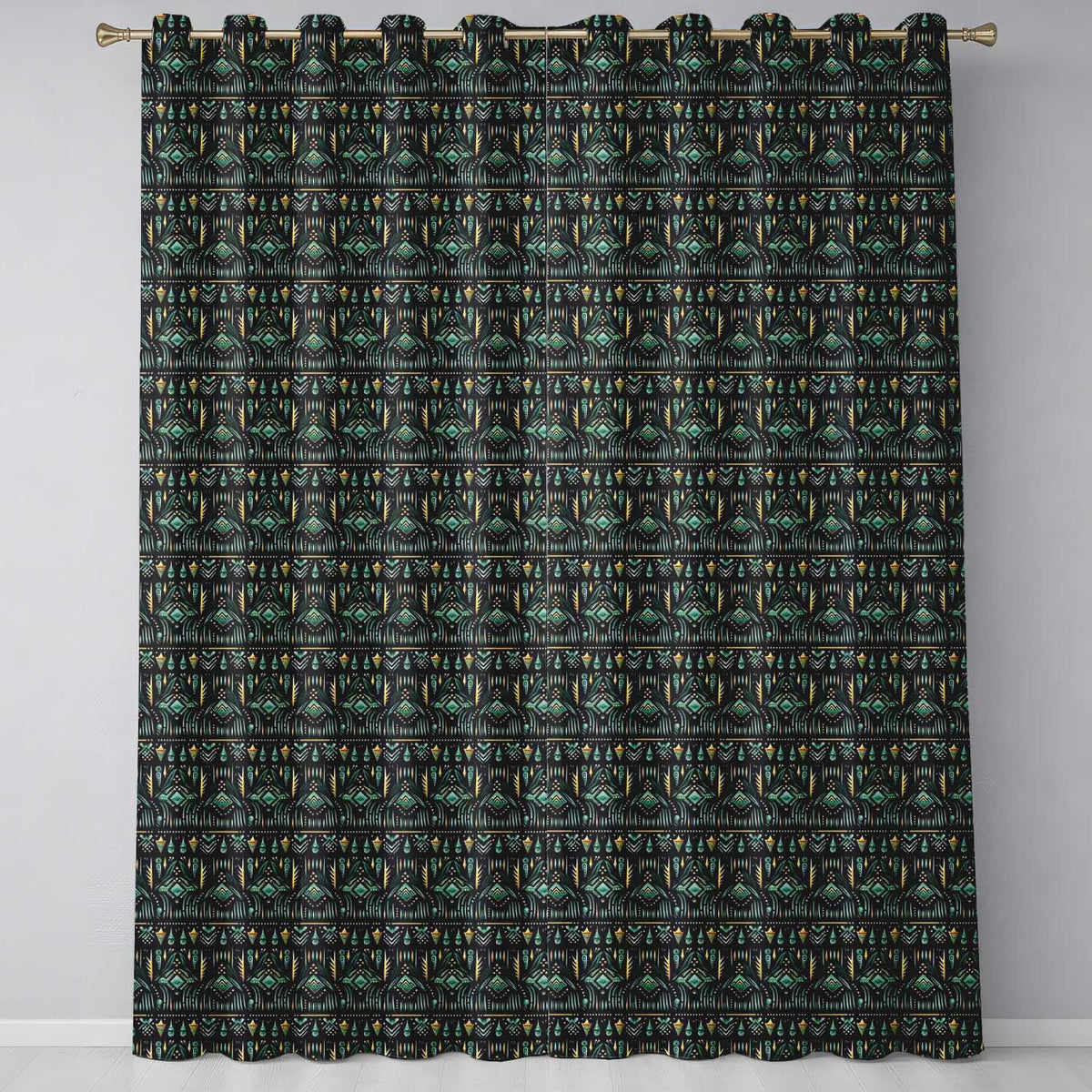 Dark Tribal Geometric Ethnic Pattern in Gold Teal Seamless Readymade Eyelet Ring Top Thermal 100% Blackout Curtains